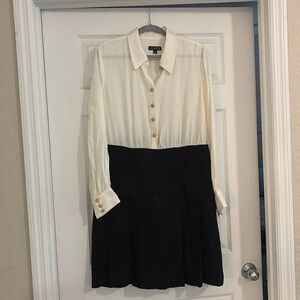 J. Crew Ivory And Black Button-Front Crepe Shirtdress with gold buttons